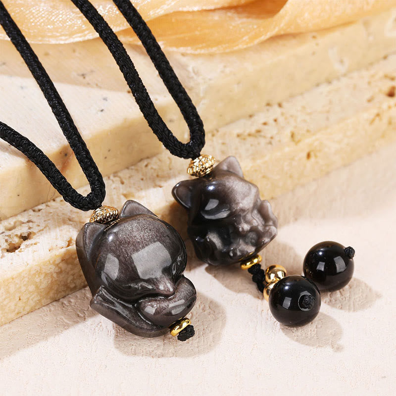 KarmaRipple's Authentic Silver Sheen Obsidian Nine Tailed Fox Protection Pendant Necklace p3