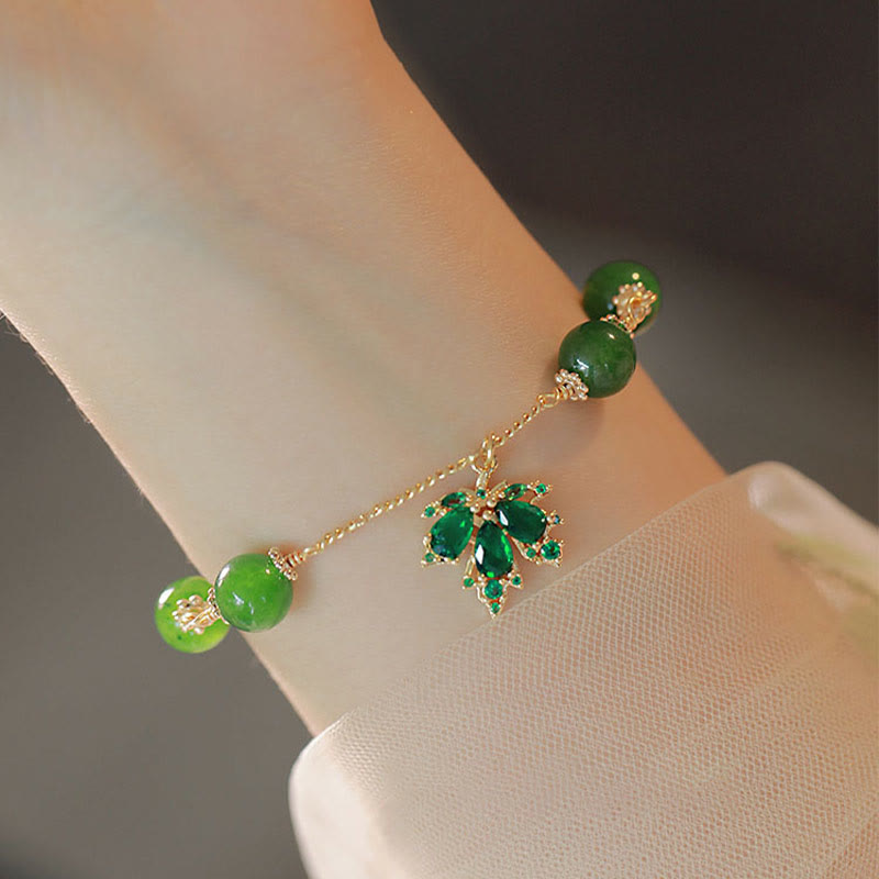 KarmaRipple's 14k Gold Plated Green Chalcedony Maple Leaf Courage Strength Bracelet p14