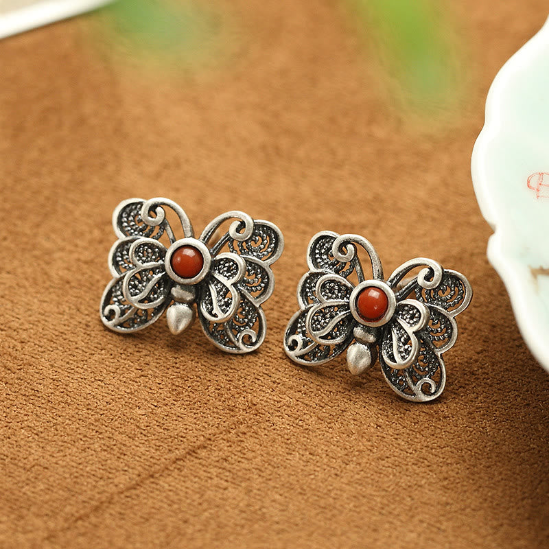 KarmaRipple's 925 Sterling Silver Red Agate Butterfly Self-acceptance Ring Earrings Set p14