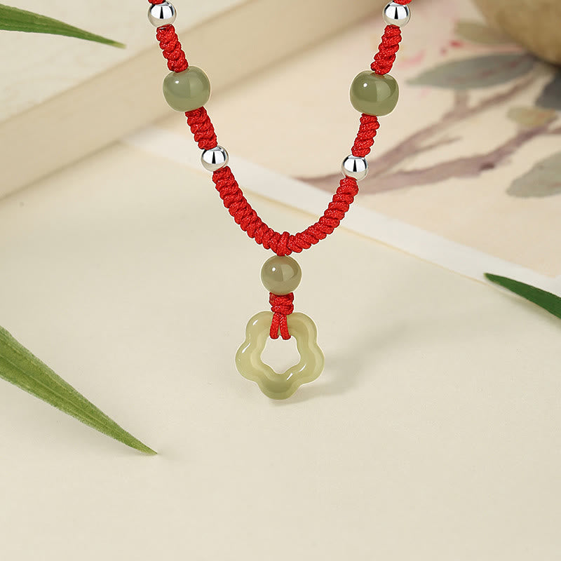 KarmaRipple's 925 Sterling Silver Authentic Hetian Cyan Jade Flower Pentagram Fortune Red Rope Pendant Necklace Bracelet Set p2