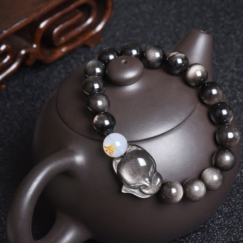 KarmaRipple's Authentic Rainbow Obsidian Gold Sheen Obsidian Silver Sheen Obsidian Fox Balancing Bracelet p55