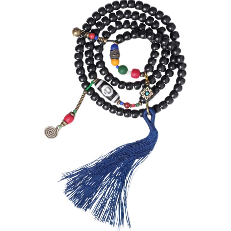 KarmaRipple's 108 Beadwork Mala Ebony Wood Dzi Bead Bronze Balance Tassel Bracelet p13