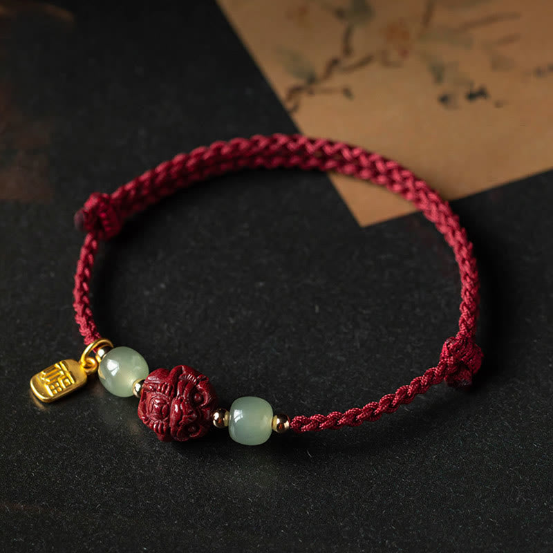 KarmaRipple's Authentic Cinnabar Chinese Zodiac Hetian Jade Fu Character Fortune Rope Bracelet p15