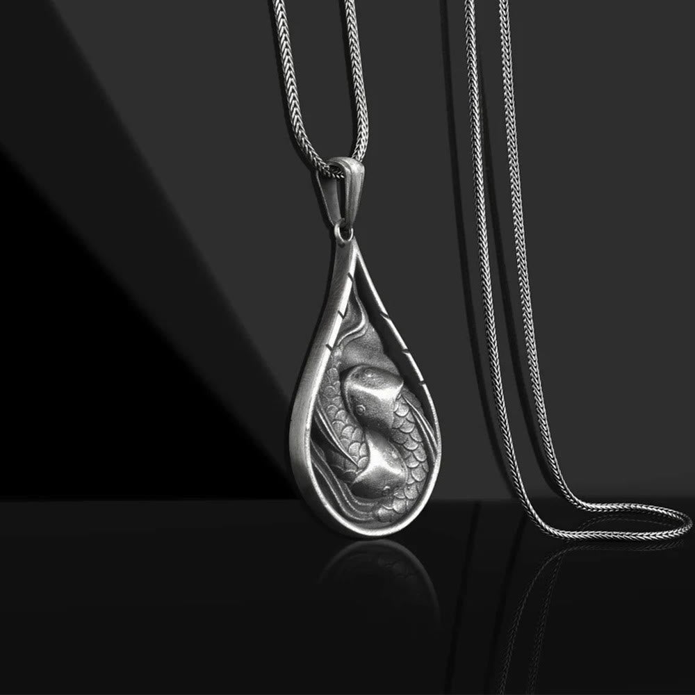 KarmaRipple's Double Fortunate Koi Fish Prosperity Pure Tin Water Drop Pattern Pendant Necklace p3