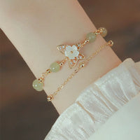 KarmaRipple's 14K Gold Plated Jade Butterfly Tridacna Stone Flower Double Layer Fortune Bracelet