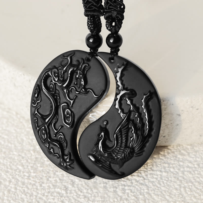 KarmaRipple's Black Obsidian Yin Yang Dragon Phoenix Fortune Pendant Necklace p3