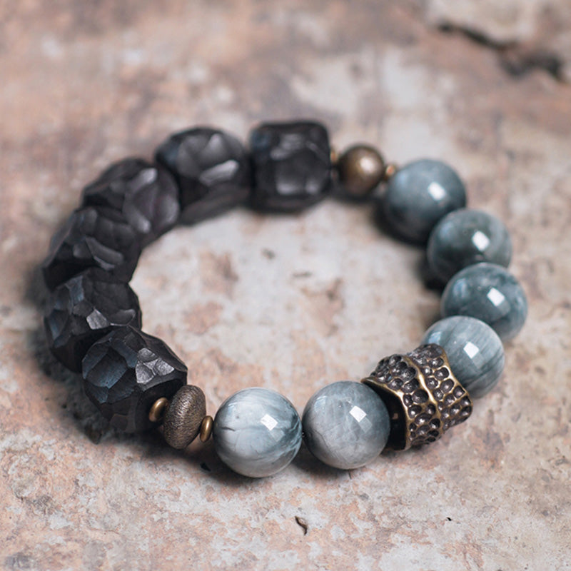 KarmaRipple's Eagle's Eye Stone Ebony Wood Bronze Confidence Pair Bracelet p1