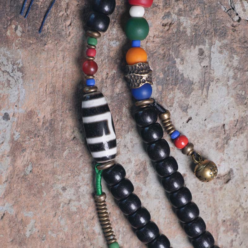 KarmaRipple's 108 Beadwork Mala Ebony Wood Dzi Bead Bronze Balance Tassel Bracelet p9