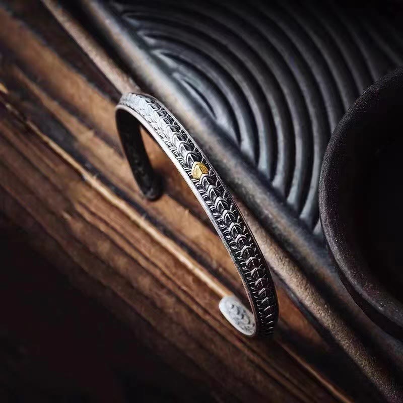 KarmaRipple's Vintage Dragon Scales Pattern Fortune Wealth Cuff Bracelet Bangle p2