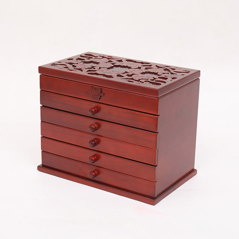 KarmaRipple's Large Capacity Vintage Flowers Carved Wooden Jewelry Box Six-Layer Jewelry Storage Box p6