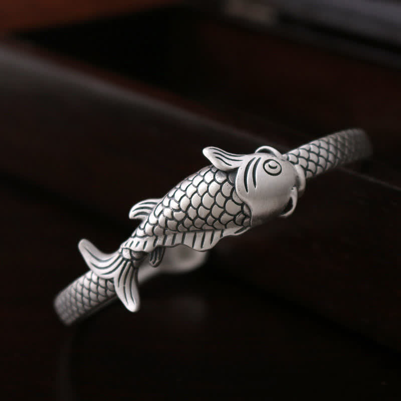 KarmaRipple's 990 Sterling Silver Koi Fish Lotus Fortune Wealth Bracelet Bangle p6
