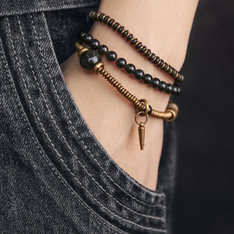 KarmaRipple's Rainbow Obsidian Ebony Wood Bronze Balancing Triple Wrap Bracelet p7