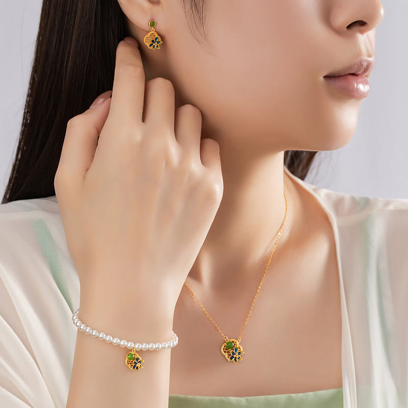 KarmaRipple's 925 Sterling Silver Four Leaf Clover Flower Hetian Cyan Jade Pearl Balancing Pendant Necklace Bracelet Earrings Set p5