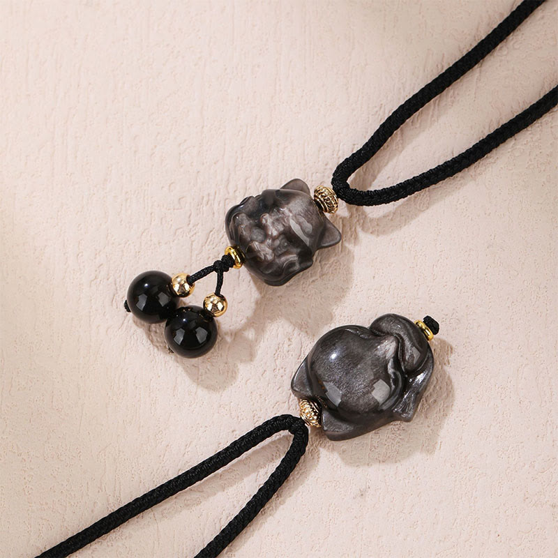 KarmaRipple's Authentic Silver Sheen Obsidian Nine Tailed Fox Protection Pendant Necklace p6