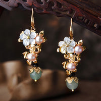 KarmaRipple's 14K Gold Plated Tridacna Stone Flower Pearl Green Aventurine Bead Drop Earrings