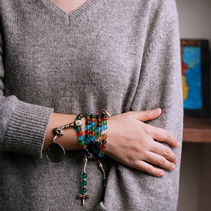 KarmaRipple's Tibetan 108 Mala Beadwork Multicolored Liuli Glass Bead Chinese Zodiac Nine Palaces Eight Diagrams Talisman Bracelet p16