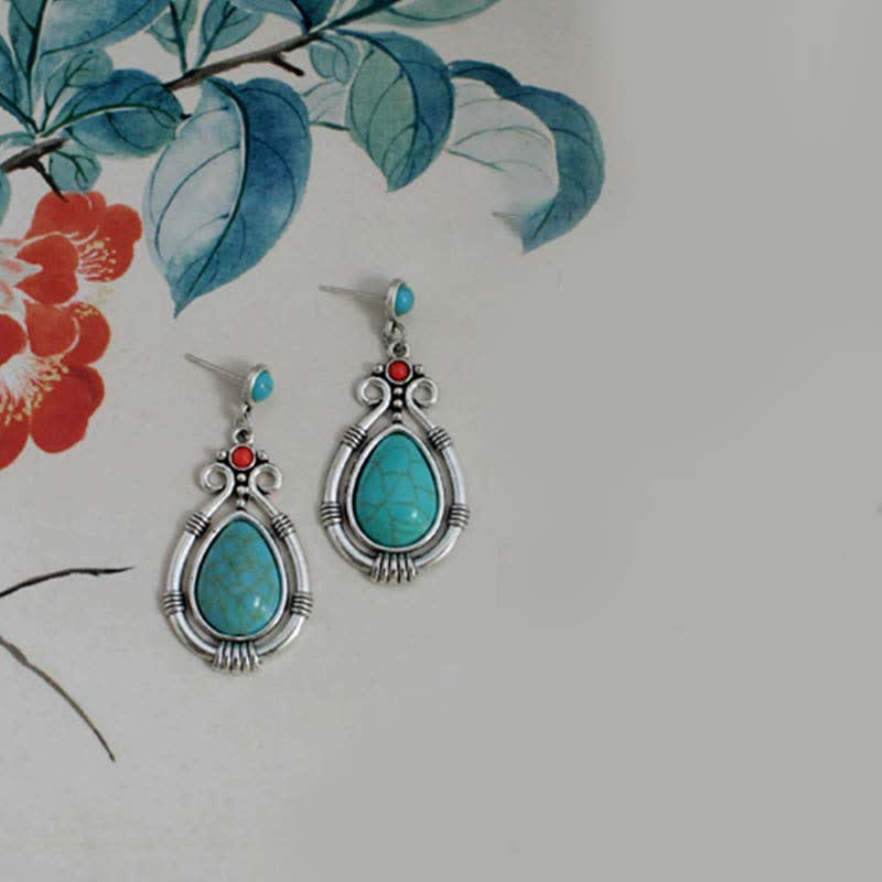 KarmaRipple's Tibet Vintage Turquoise Waterdrop Strength Drop Dangle Earrings Clips p9