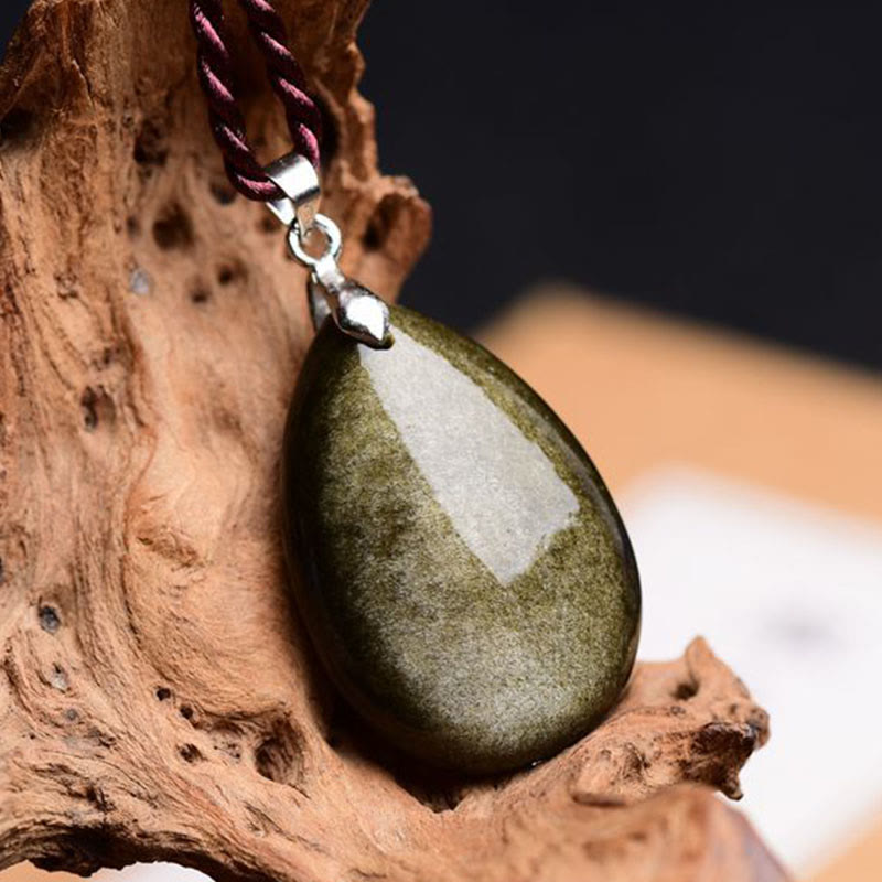 KarmaRipple's Gold Sheen Obsidian Black Obsidian Rainbow Obsidian Wealth Water Drop Pendant Necklace p18