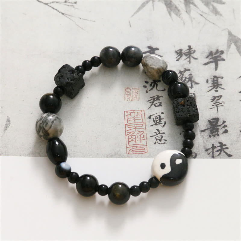 KarmaRipple's Black Onyx Picasso Jasper Bead Yin Yang Fortune Protection Bracelet p12