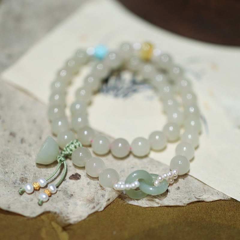 KarmaRipple's 925 Sterling Silver Hetian Jade Double Peace Buckle Lotus Fortune Double Wrap Bracelet p1