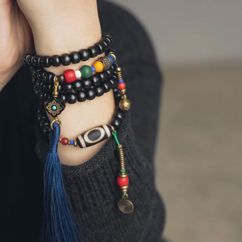 KarmaRipple's 108 Beadwork Mala Ebony Wood Dzi Bead Bronze Balance Tassel Bracelet p3