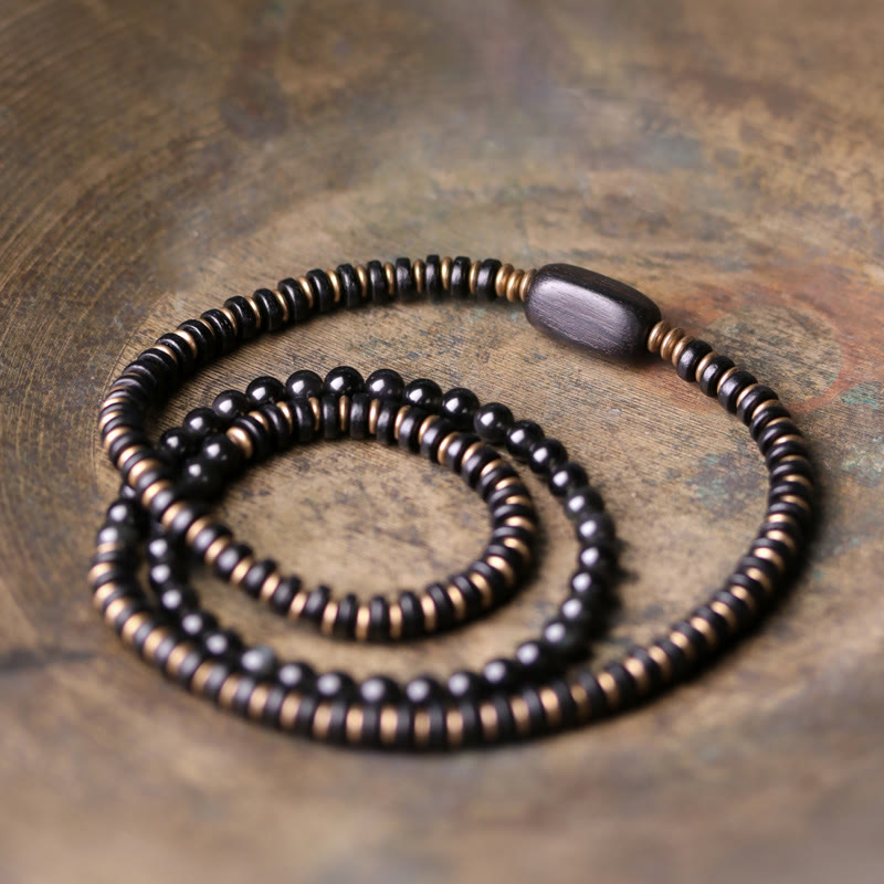 KarmaRipple's Rainbow Obsidian Ebony Wood Bronze Balancing Triple Wrap Bracelet p25