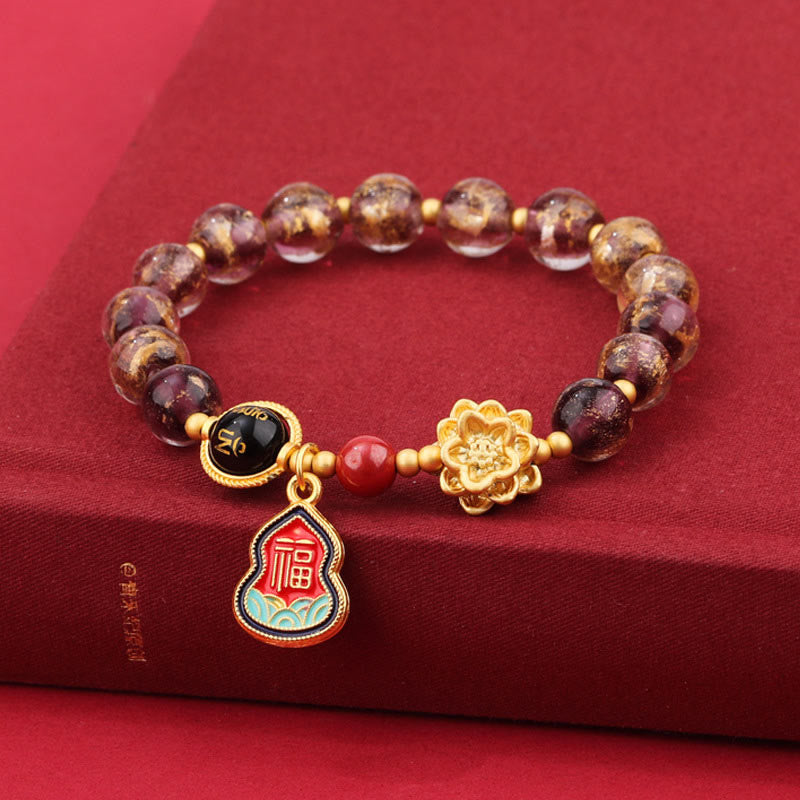 KarmaRipple's Tibet Om Mani Padme Hum Fu Character Gourd Talisman Lotus Liuli Glass Bead Fortune Bracelet p21