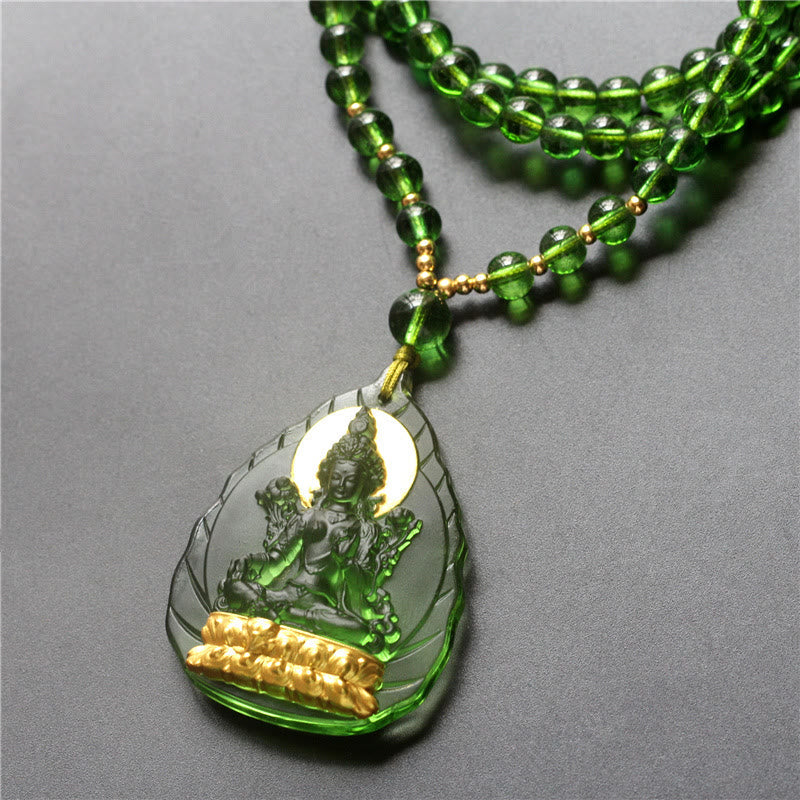 KarmaRipple's Tibetan Green Tara Buddha Gold Plated Liuli Gemstone Protection Pendant Necklace p3