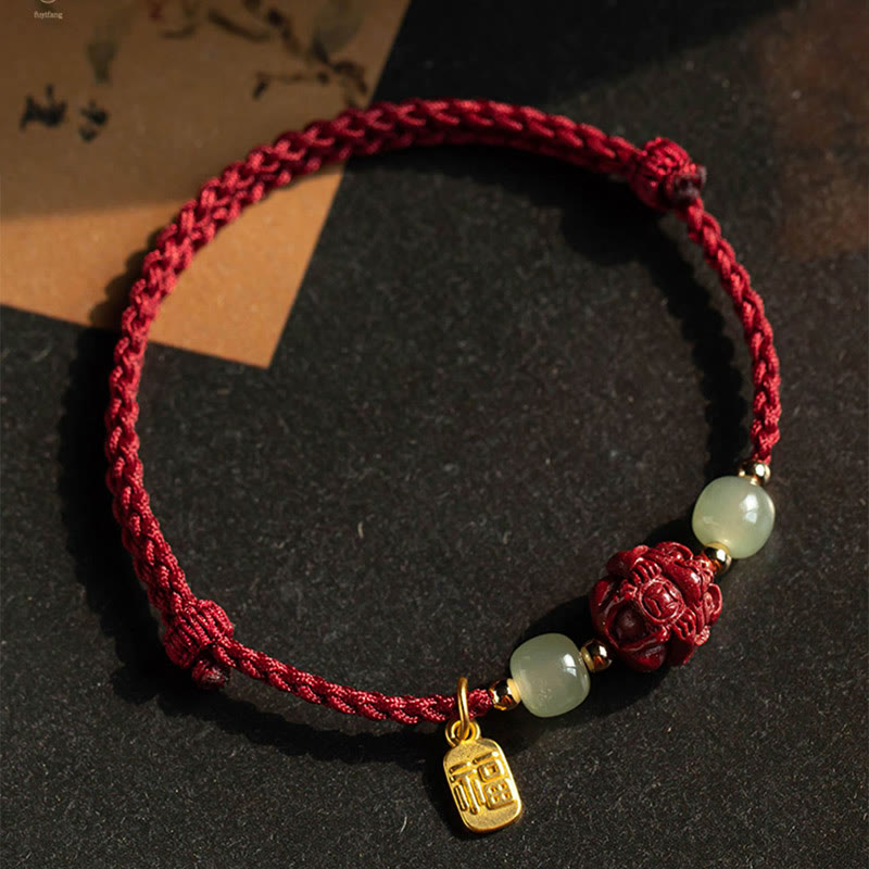 KarmaRipple's Authentic Cinnabar Chinese Zodiac Hetian Jade Fu Character Fortune Rope Bracelet p19