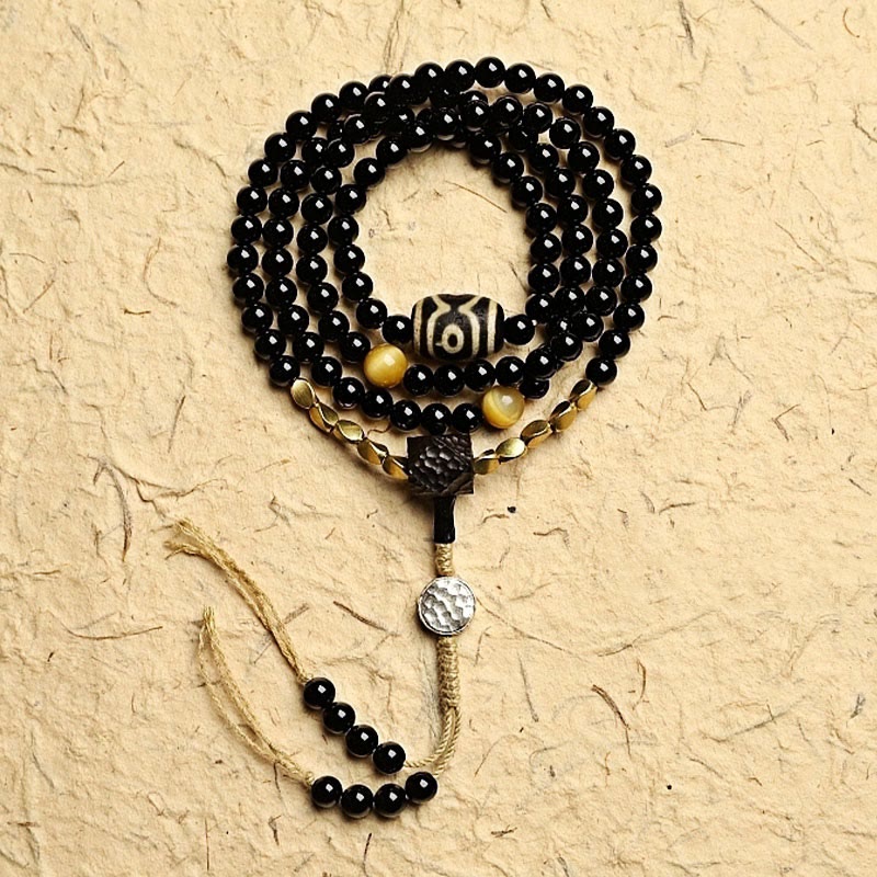 KarmaRipple's Tibetan 108 Mala Beadwork Black Onyx Three-eyed Dzi Beadwork Protection Bracelet p23
