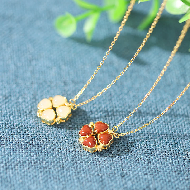 KarmaRipple's 925 Sterling Silver Four Leaf Clover Ivory Jade Red Agate Abundance Pendant Necklace p3