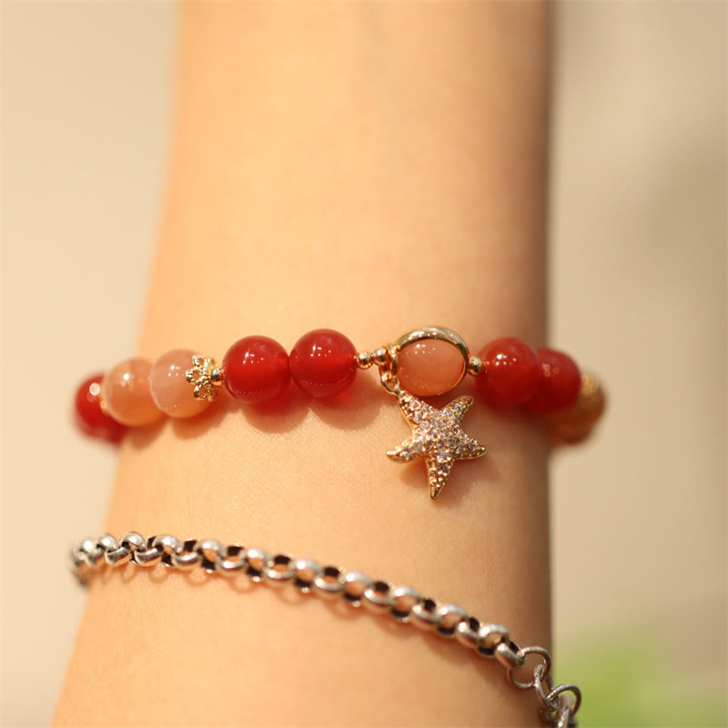 KarmaRipple's Sun Stone Peach Moonstone Red Agate Gemstone Star Wealth Bracelet p6