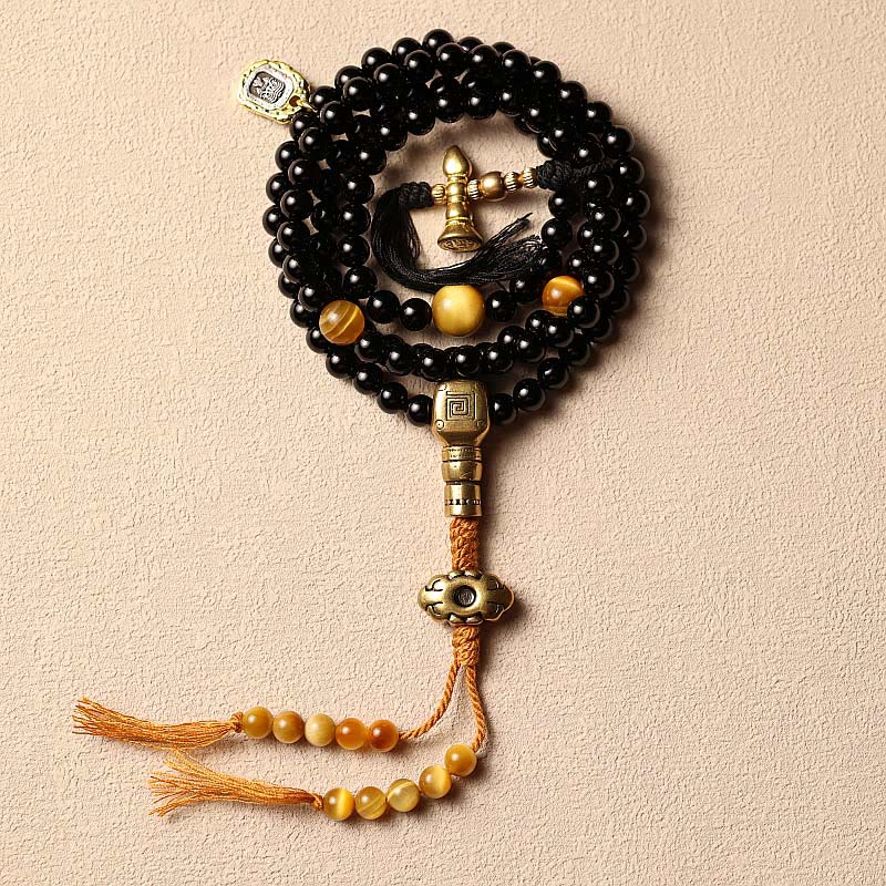 KarmaRipple's Tibetan 108 Mala Beadwork Black Onyx Tiger Eye Beadwork Nine Palaces Bagua Protection Bracelet p23