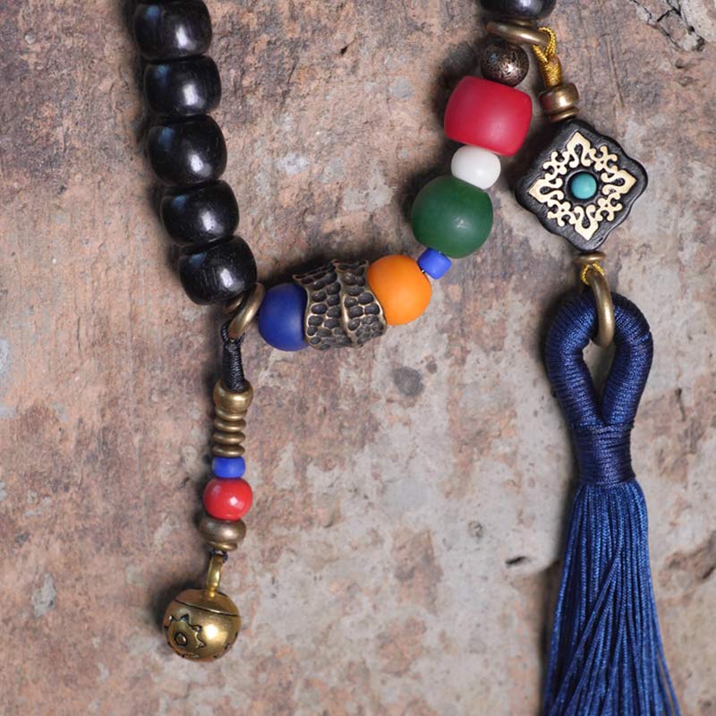KarmaRipple's 108 Beadwork Mala Ebony Wood Dzi Bead Bronze Balance Tassel Bracelet p10