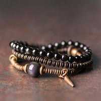 KarmaRipple's Rainbow Obsidian Ebony Wood Bronze Balancing Triple Wrap Bracelet