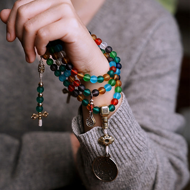 KarmaRipple's Tibetan 108 Mala Beadwork Multicolored Liuli Glass Bead Chinese Zodiac Nine Palaces Eight Diagrams Talisman Bracelet p10