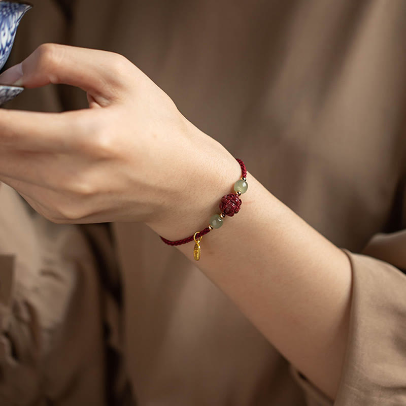 KarmaRipple's Authentic Cinnabar Chinese Zodiac Hetian Jade Fu Character Fortune Rope Bracelet p22