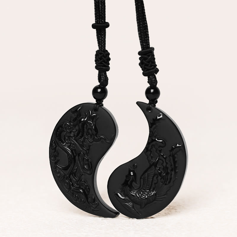 KarmaRipple's Black Obsidian Yin Yang Dragon Phoenix Fortune Pendant Necklace p2