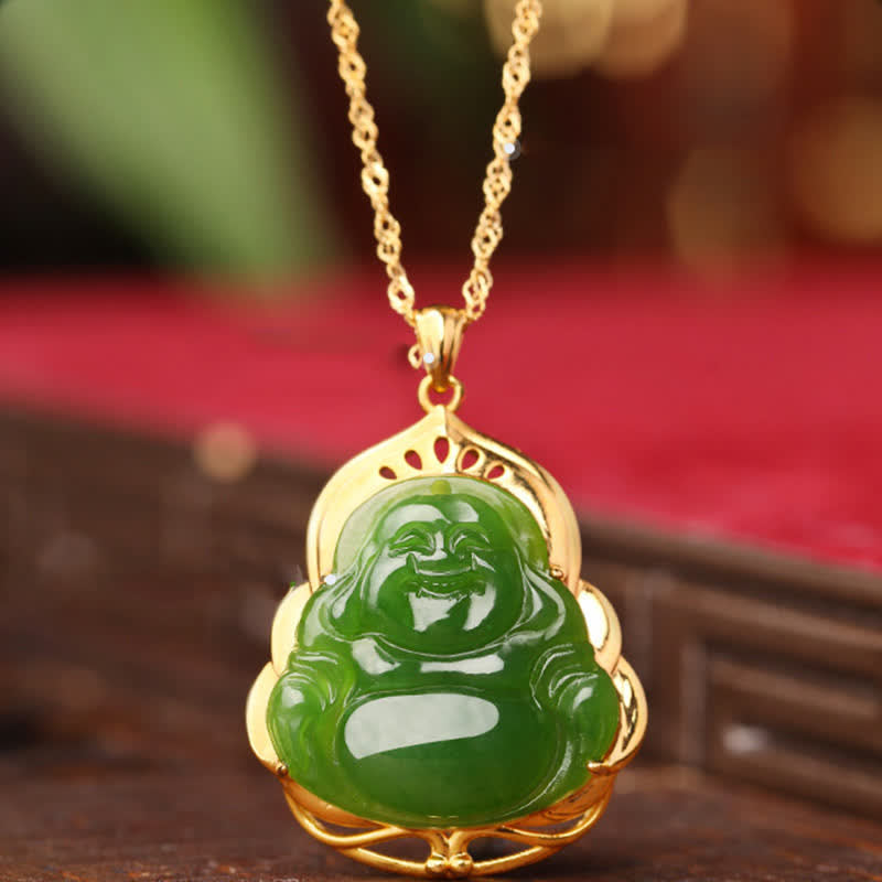 KarmaRipple's 925 Sterling Silver Authentic Hetian Cyan Jade Laughing Buddha 18K Gold Balancing Pendant Chain Necklace p1