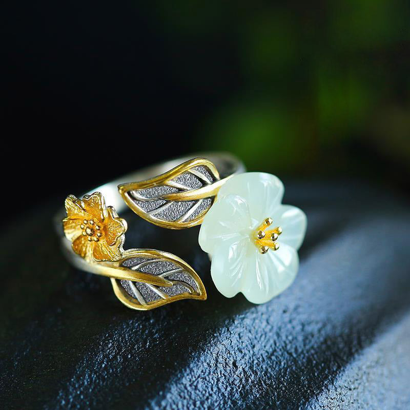 KarmaRipple's 925 Silver Plated Bronze Ivory Jade Plum Flower Leaf Fortune Ring p1