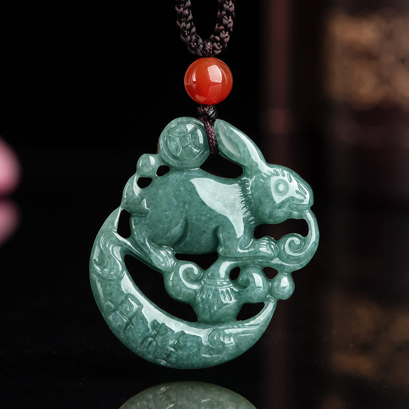 KarmaRipple's Year of the Rabbit Jade Fortune Crescent Mooon Pendant Necklace p2