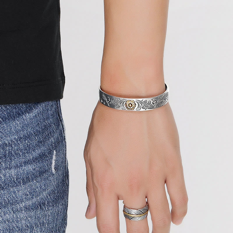 KarmaRipple's Tang Dynasty Flower Design Rose Flower Feather Carved Bronze Fortune Bracelet Bangle p6