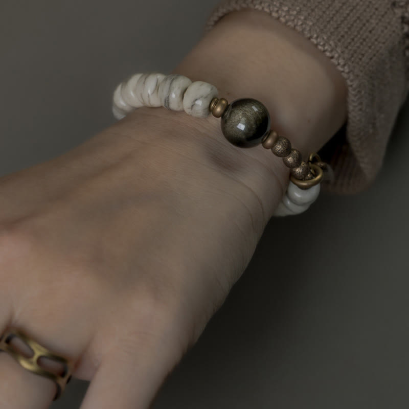 KarmaRipple's Tibetan Yak Bone Gold Sheen Obsidian Brass Bead Strength Bracelet p10