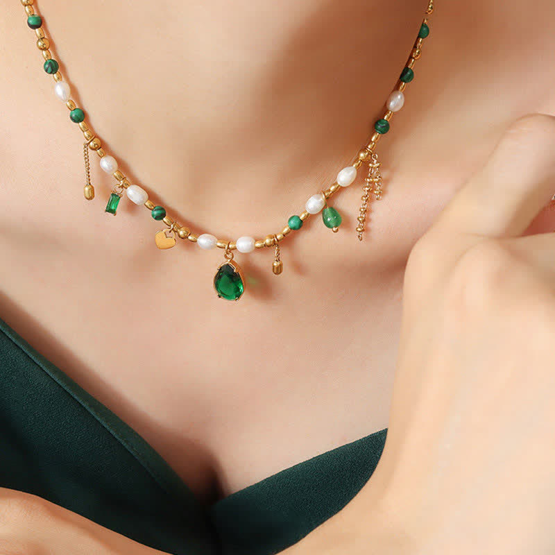 KarmaRipple's Pearl Bead Zircon Turquoise Calm Pendant Necklace p1