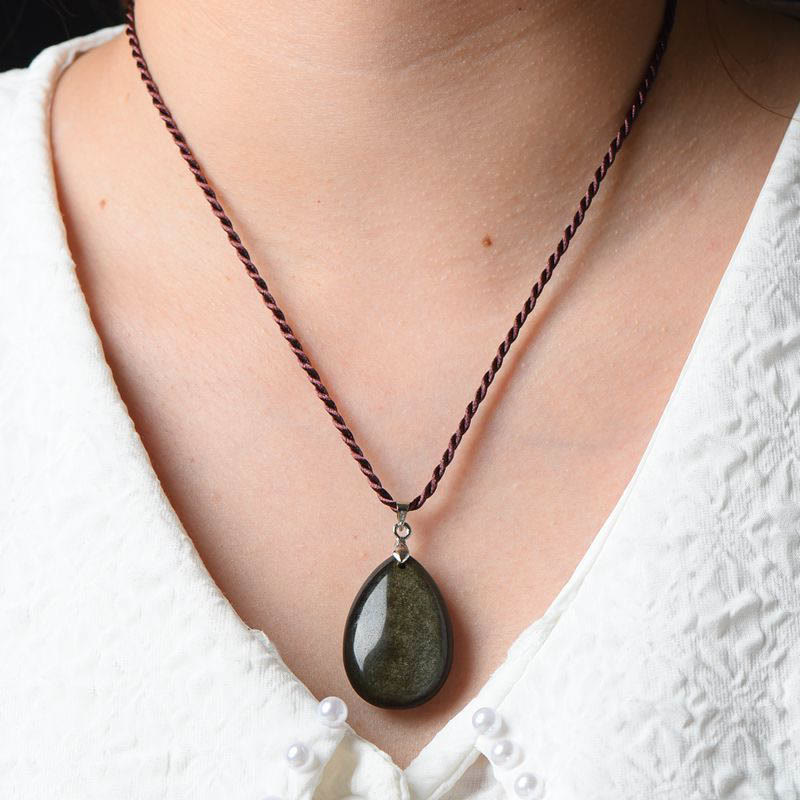KarmaRipple's Gold Sheen Obsidian Black Obsidian Rainbow Obsidian Wealth Water Drop Pendant Necklace p11