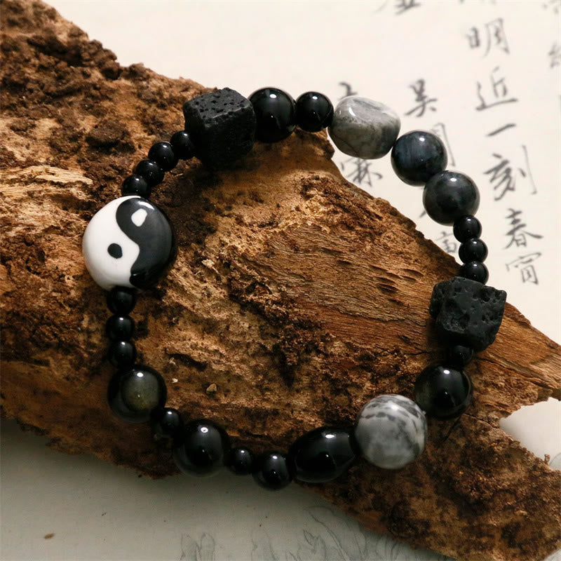 KarmaRipple's Black Onyx Picasso Jasper Bead Yin Yang Fortune Protection Bracelet p8