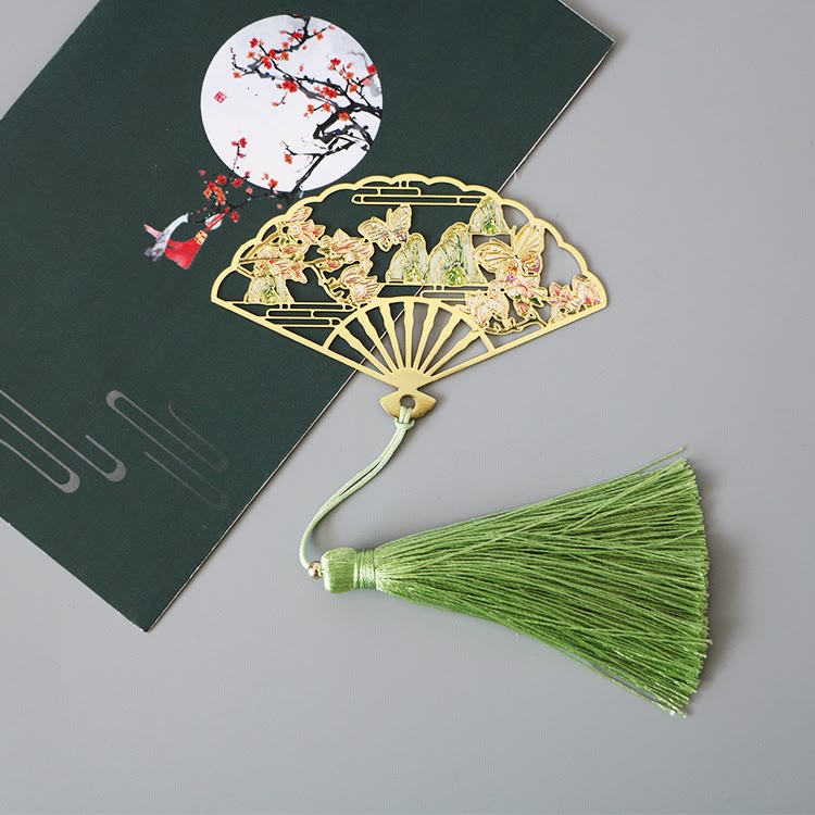KarmaRipple's Traditional Butterfly Lotus Flower Crane Dragon Phoenix Fox Koi Fish New Beginning Metal Brass Hollow Fan Bookmarks p29