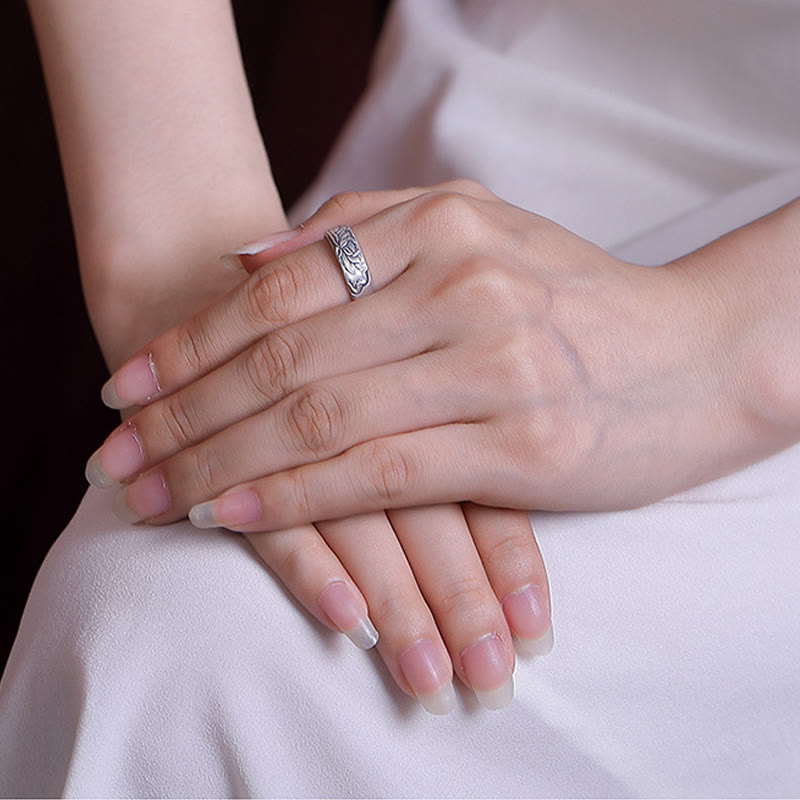 KarmaRipple's 999 Sterling Silver Lotus Flower Plum Blossom Auspicious Clouds Engraved Enlightenment Ring p5