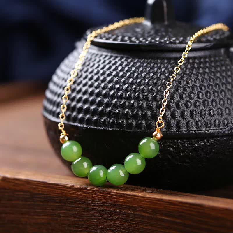 KarmaRipple's 14k Gold Plated Hetian Cyan Jade Beaded Fortune Pendant Necklace p10