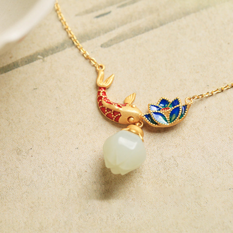 KarmaRipple's 925 Sterling Silver Ivory Jade Koi Fish Lotus Protection Pendant Necklace p5
